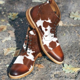 Men Cow Spot Printed Cap Toe Comfy Ankle Jack Boots