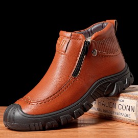 Men Warm Plush Lining Side Zipper Leather Boots