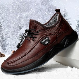 Men Winter Warm Plush Lining Elastic Lace Non Slip Casual Leather Flats